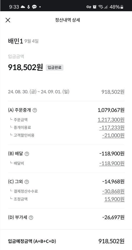 배민에서 120만원 팔면정산되는 금액.jpg